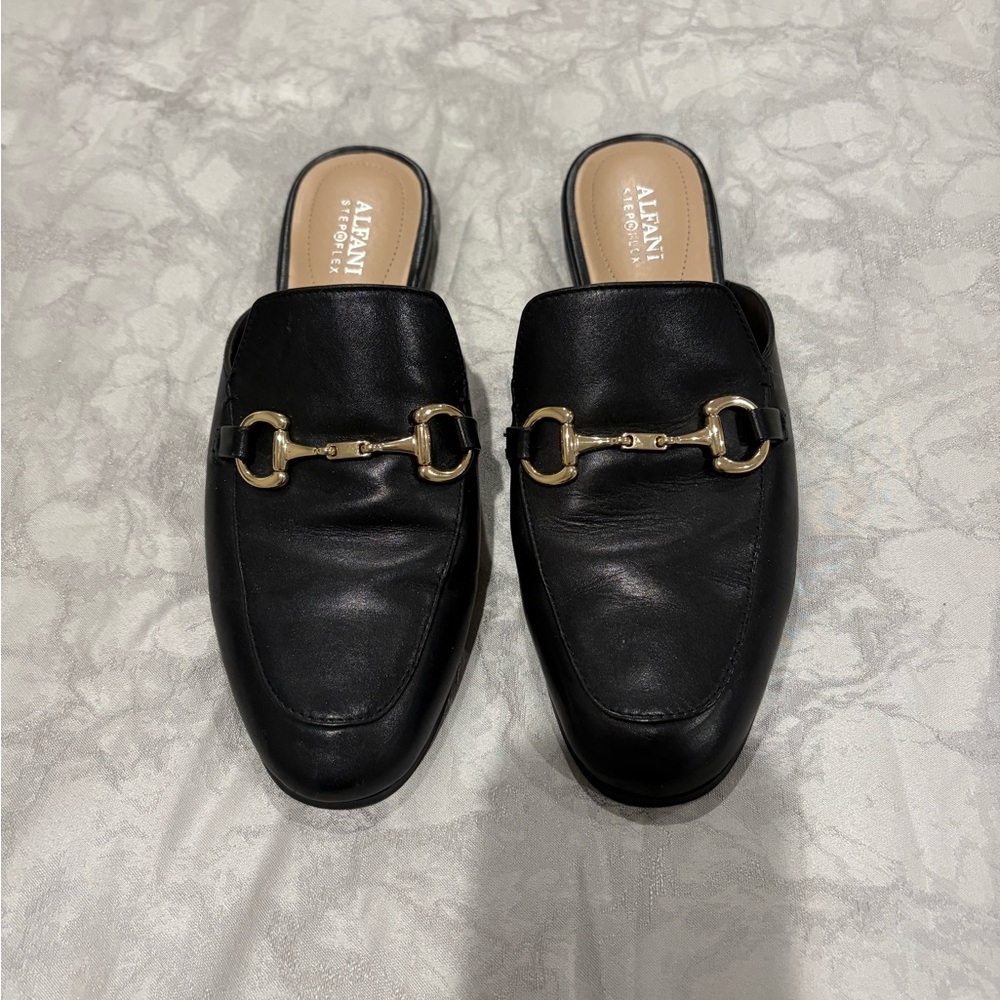 Alfani Black Leather Mule Slides with Gold Horsebit Accent